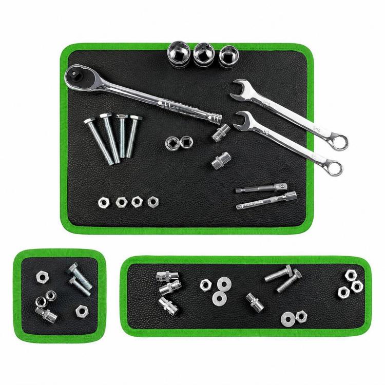 Green magnetic tools storage pad set with wrenches, screws, and small matching pads.