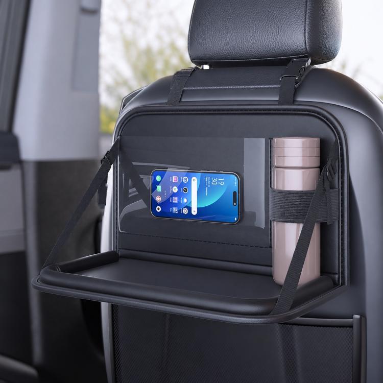 Foldable car seat back storage tray with clear pocket and side bottle holder, black