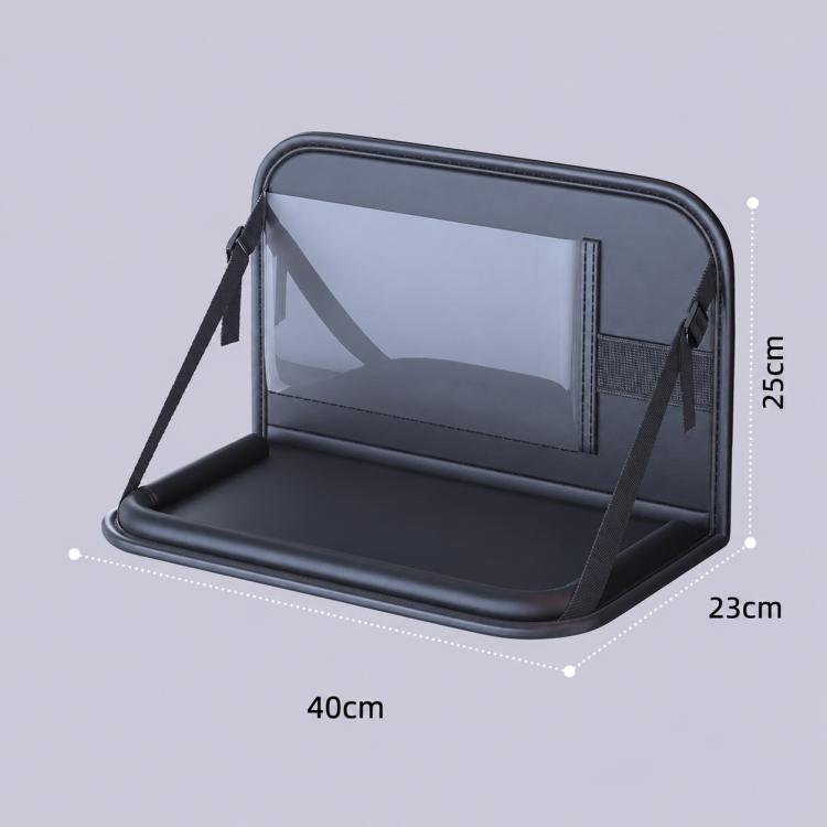 Car seat back storage rack tray with curved rim and two securing straps