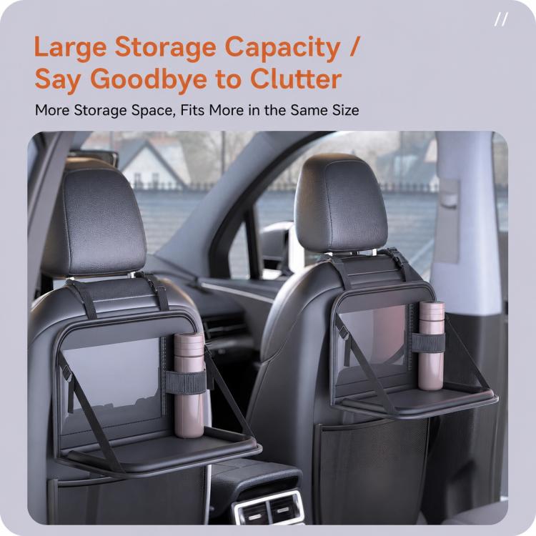 Car seat back storage rack mounted on front seat with tray holding bottles