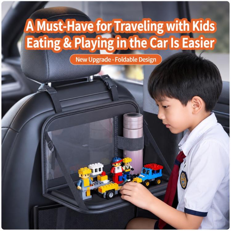 Car seat back storage tray with clear pocket for toys and bottle holder, black