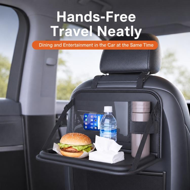 Car seat back storage tray with clear pocket and cup holder, black