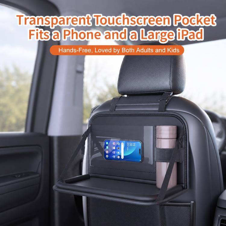 Car seat back storage tray with transparent touchscreen pocket and bottle holder, black