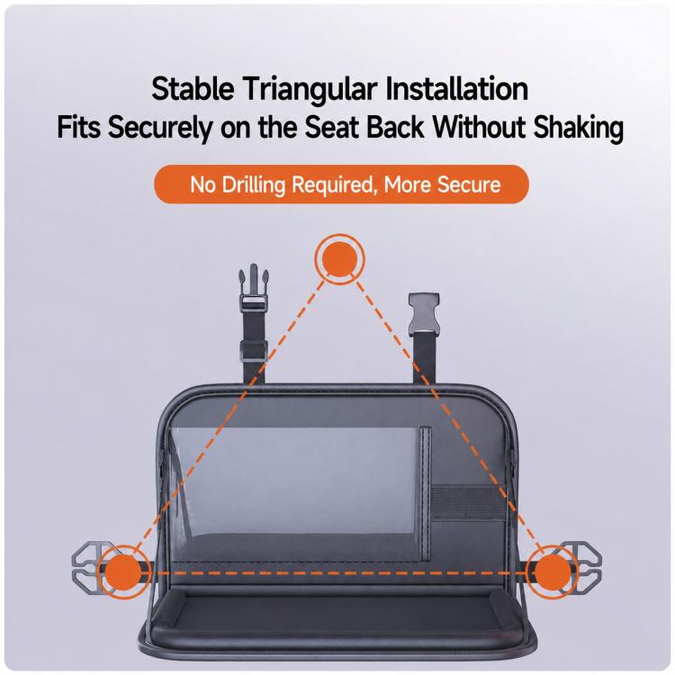 Foldable car seat back storage tray showing secure attachment points, black