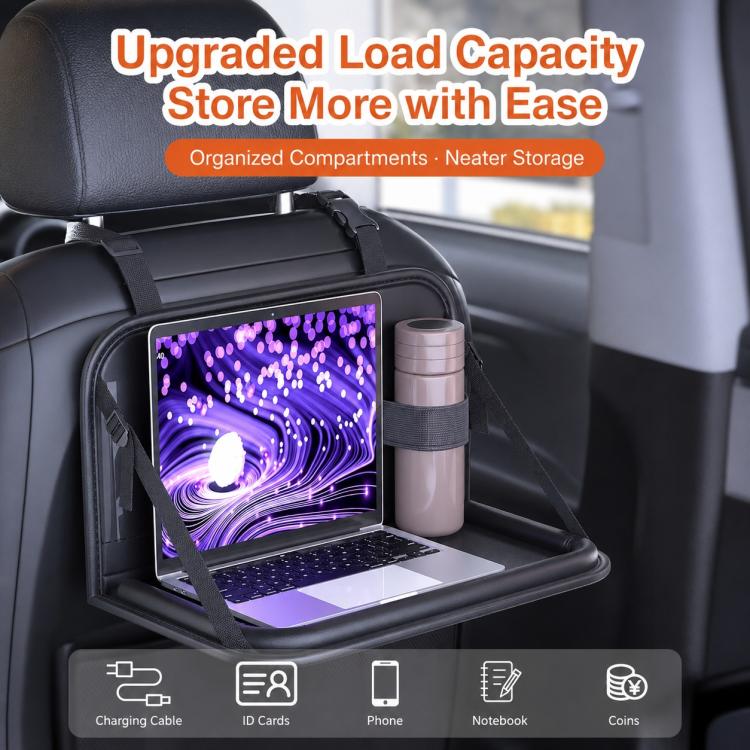 Car seat back storage tray with clear pocket and compartments for phone, cards, and more, black