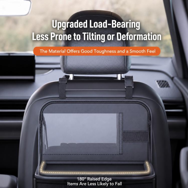 Car seat back storage tray with clear pocket and reinforced raised edge, black