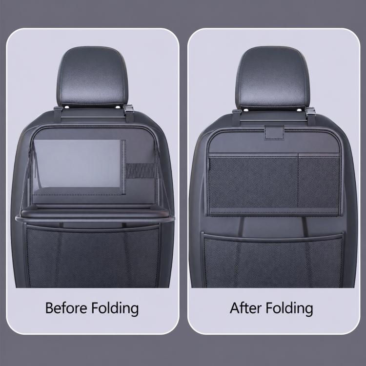 Foldable car seat back storage tray before and after folding, black
