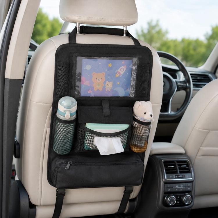 Black car seat back anti-kick storage bag with clear tablet pocket and organizer compartments