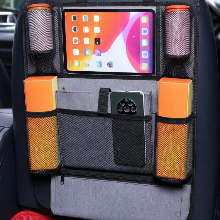 Grey car seat back organizer with orange mesh side holders and tablet display pocket