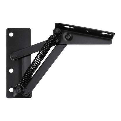 Black metal seat lift spring hinge bracket with connecting plate and mounting holes