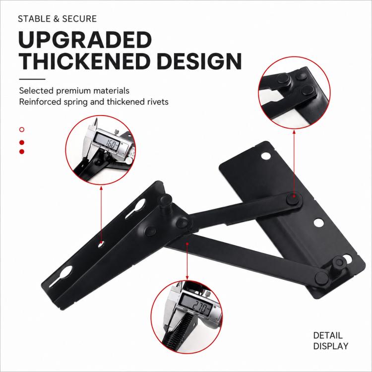 Black metal lift hinge bracket with spring and reinforced rivet detail