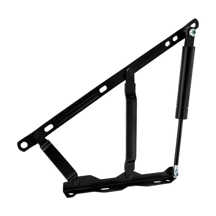 Black metal lift hinge bracket with spring support and long mounting rail holes