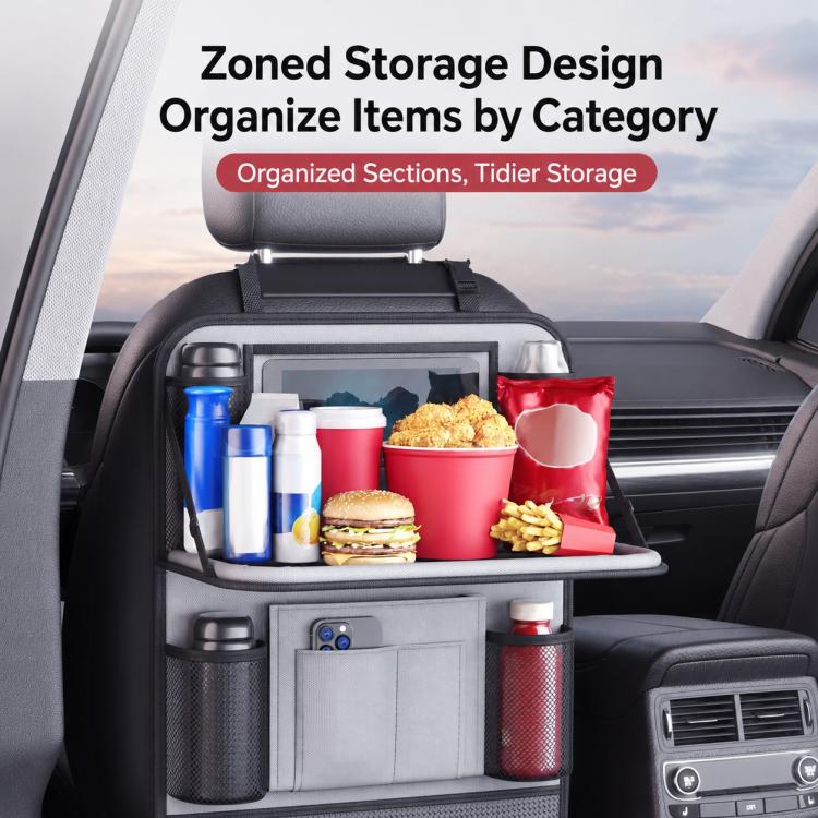 Black car rear seat storage organizer with zoned compartments and cup holder sleeves