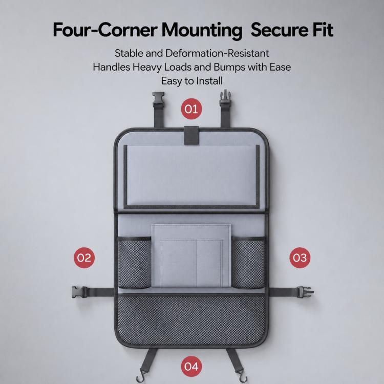 Black rear seat organizer with four-corner mounting straps and front storage panel