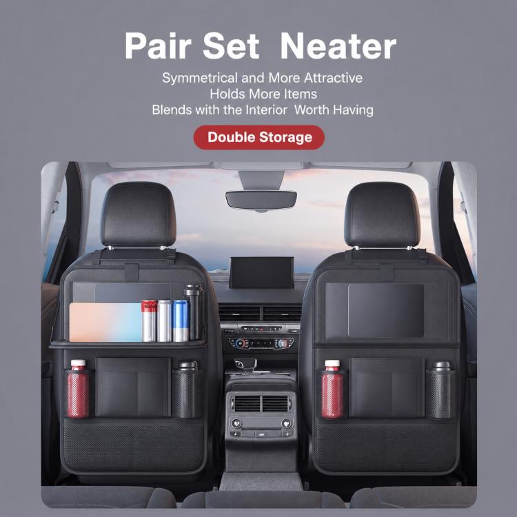 Set of two black rear seat storage bags with tray table and side drink holders