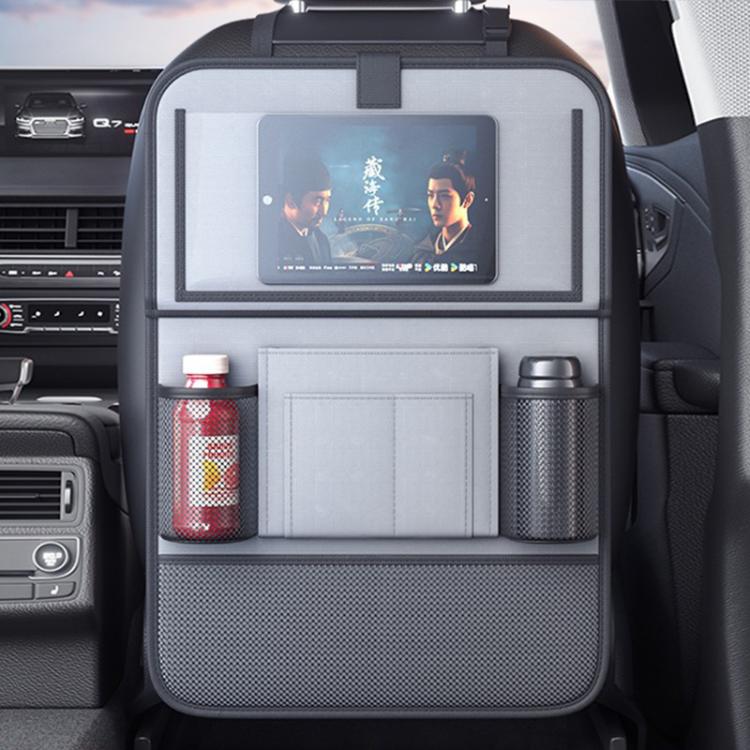 Car seat back storage organizer in black with tablet window, side bottle pockets, lower mesh tray