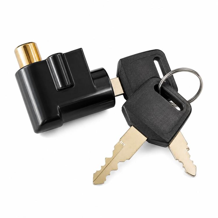 Black e-bike battery lock with gold bolt and two keys on a ring