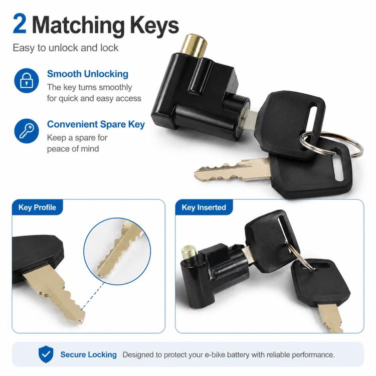 Black e-bike battery lock with key ring and two matching keys