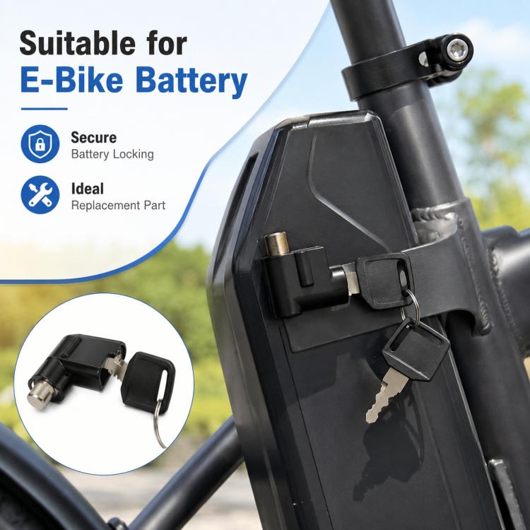 Black e-bike battery lock mounted on battery case with gold bolt and keys