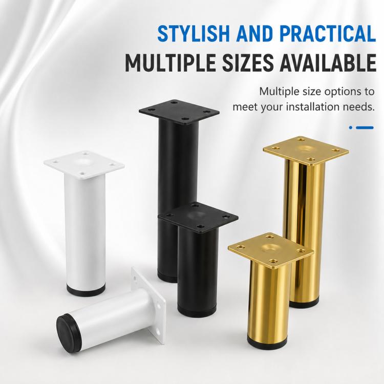 Furniture support legs set in white, black, and gold, each with square mounting plate