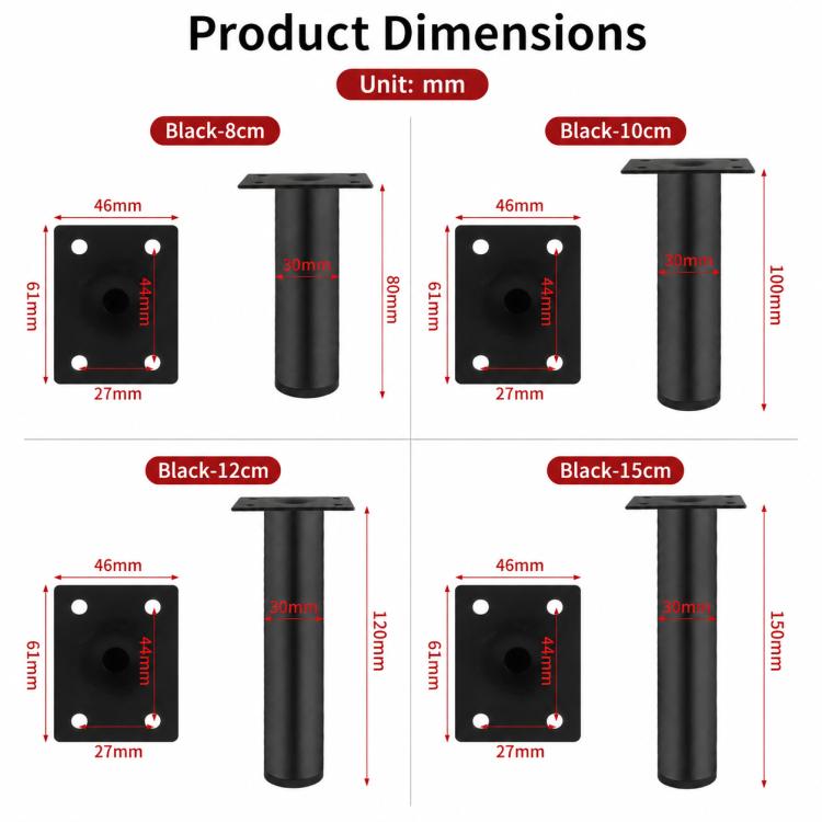 Black furniture leg with mounting plate dimensions: 8cm, 10cm, 12cm, and 15cm