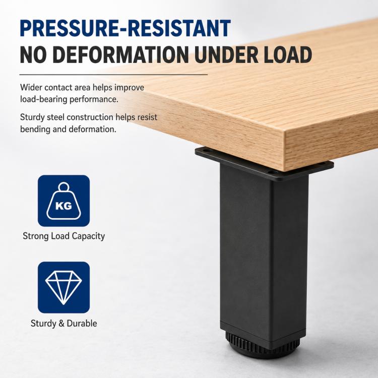 Black square height-adjustable furniture support leg under a wooden tabletop