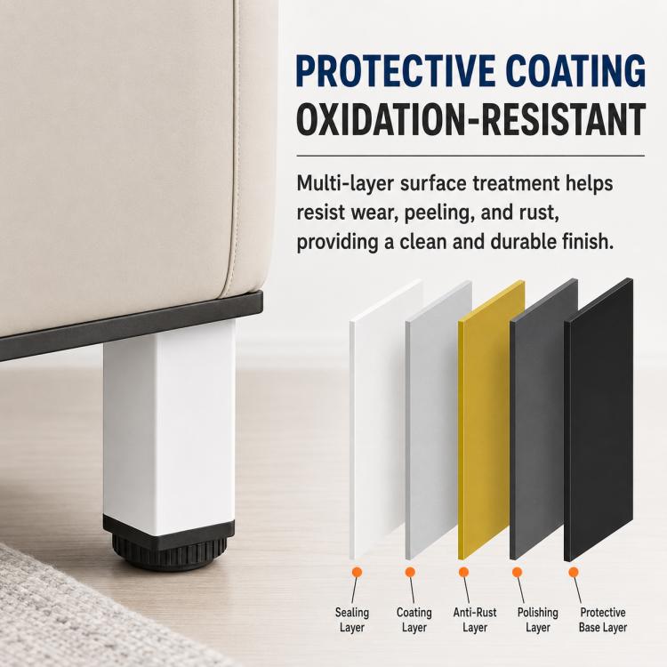 White square support leg with rubber foot and protective coating layers