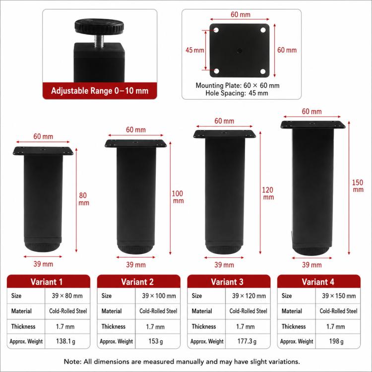 Height-adjustable furniture support legs with 39x80–39x150 mm size variants
