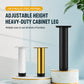 Set of three height-adjustable furniture support legs in white, gold, and black