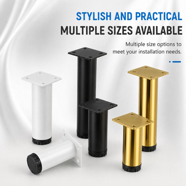 Set of height-adjustable furniture support legs in white, black, and gold with square plates.