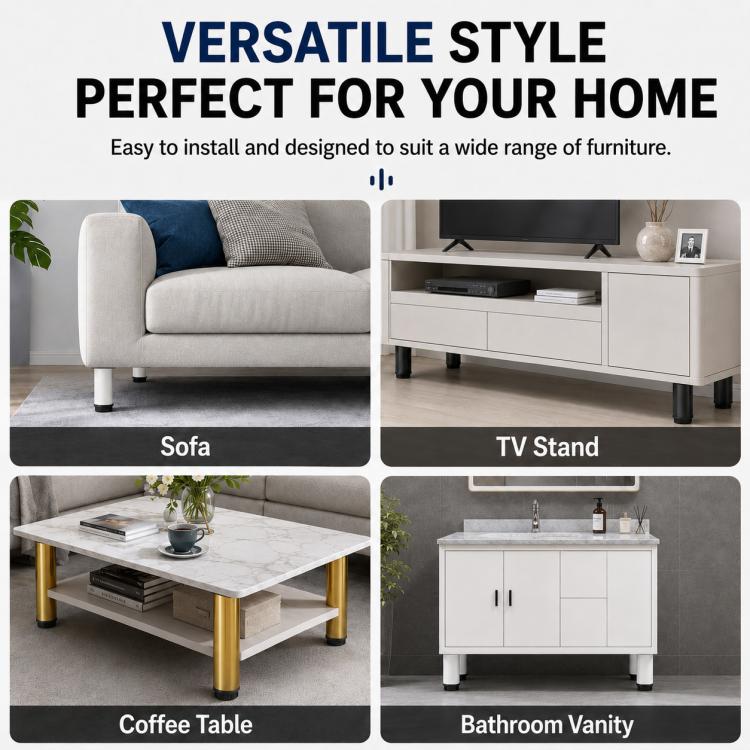 Height-adjustable furniture support legs used under sofa, TV stand, coffee table, and vanity.