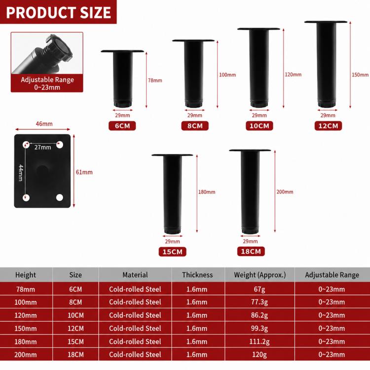 Height-adjustable support legs with multiple sizes from 78mm to 200mm, black.