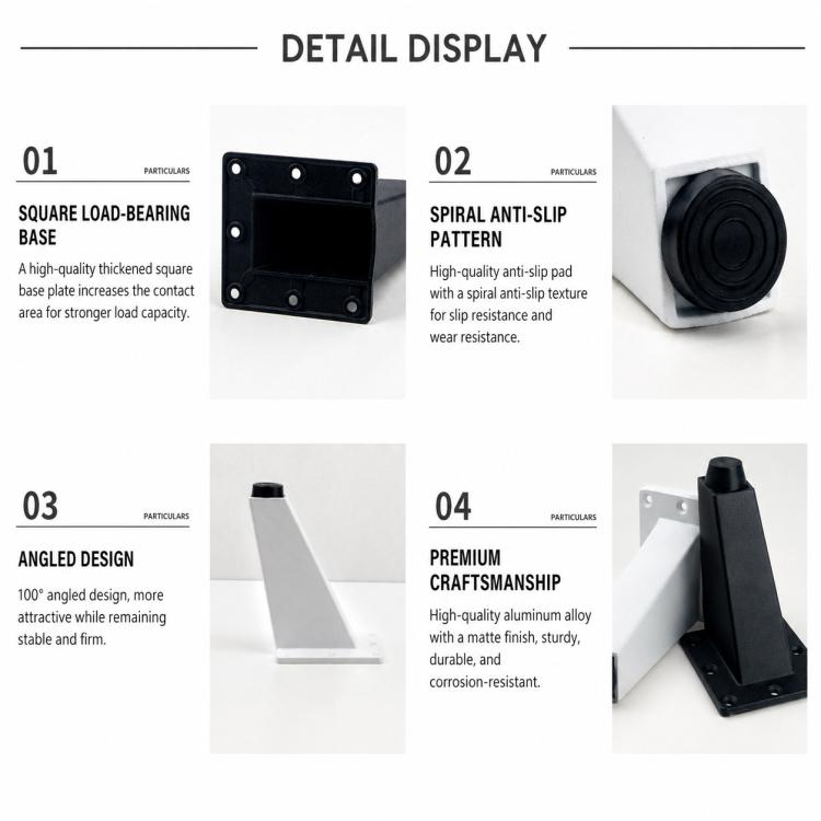 Angled furniture support leg parts: load-bearing base, anti-slip pad, durable aluminum