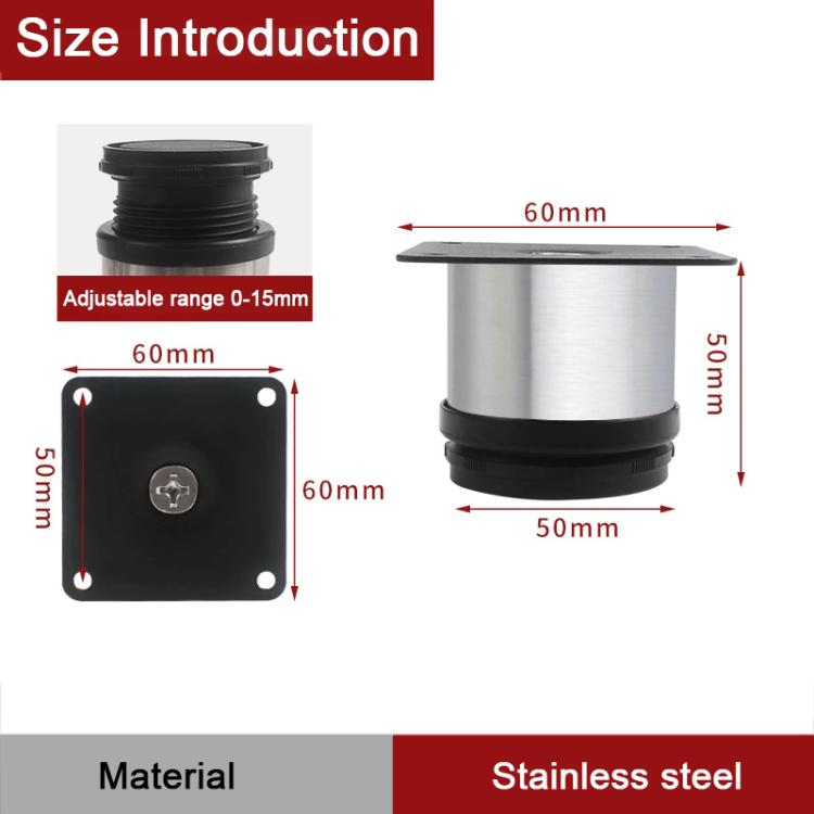 Brushed stainless steel furniture support leg, 60mm size with black mounting ring