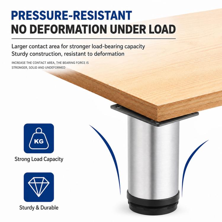Stainless steel furniture leg supporting a wooden tabletop edge with black base ring