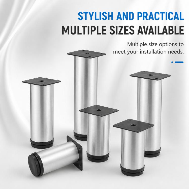 Set of brushed stainless steel furniture legs with square mounting plates and black base rings