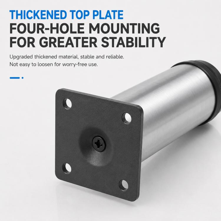 Stainless steel furniture leg with four-hole top mounting plate and black coupling ring