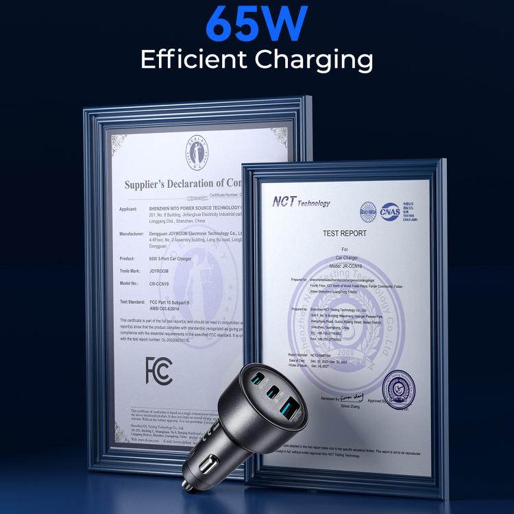 Dark 65W car charger with USB-C and USB-A ports with certification documents
