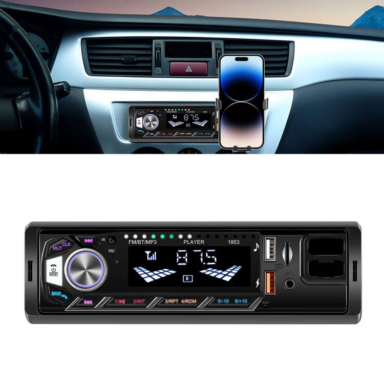 Single-DIN car MP3 player front panel with large volume knob and illuminated screen