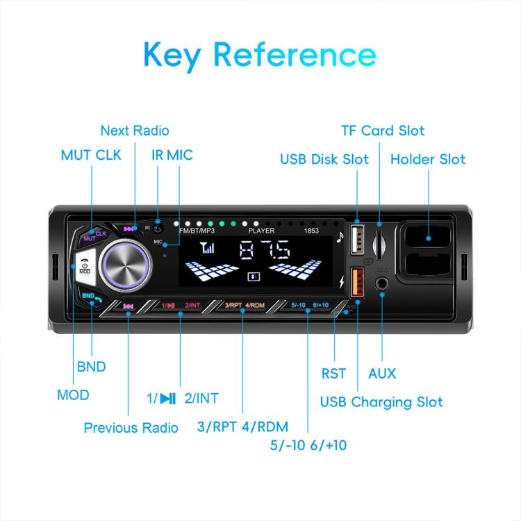 Single-DIN car MP3 player front controls with USB, AUX, reset, and charging slot