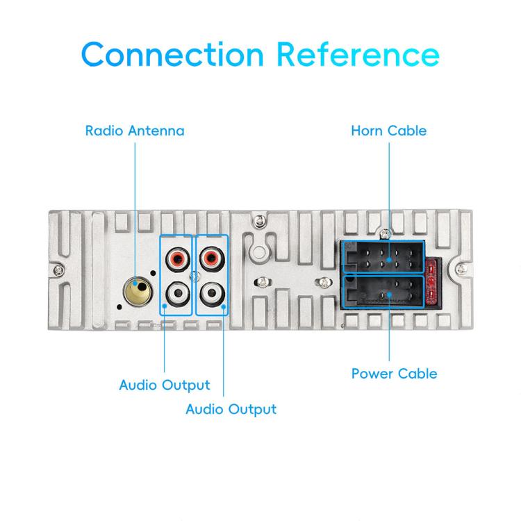 Car MP3 player wiring connector reference with power, antenna, and audio output ports