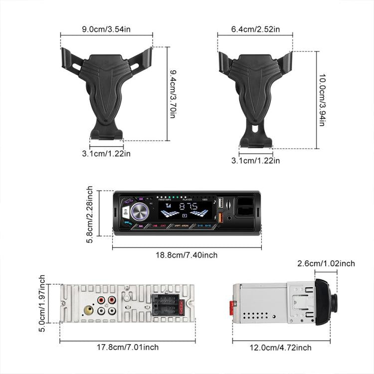 Single-DIN car MP3 player and phone holder bracket with size measurements