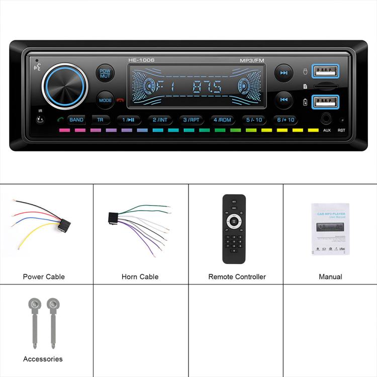 Universal single-DIN Bluetooth MP3 player bundle with remote, cables, and manual