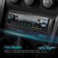Single-DIN car stereo showing front panel with FM radio display and blue signal wave graphic
