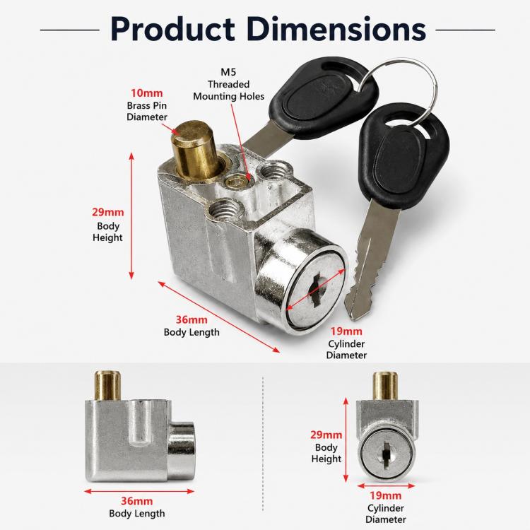 E-bike battery box anti-theft lock with keys and metal housing; size diagram view