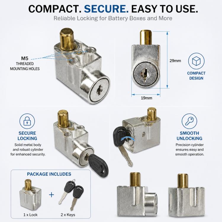 E-bike battery box anti-theft lock with keys; compact cylinder and secure locking body