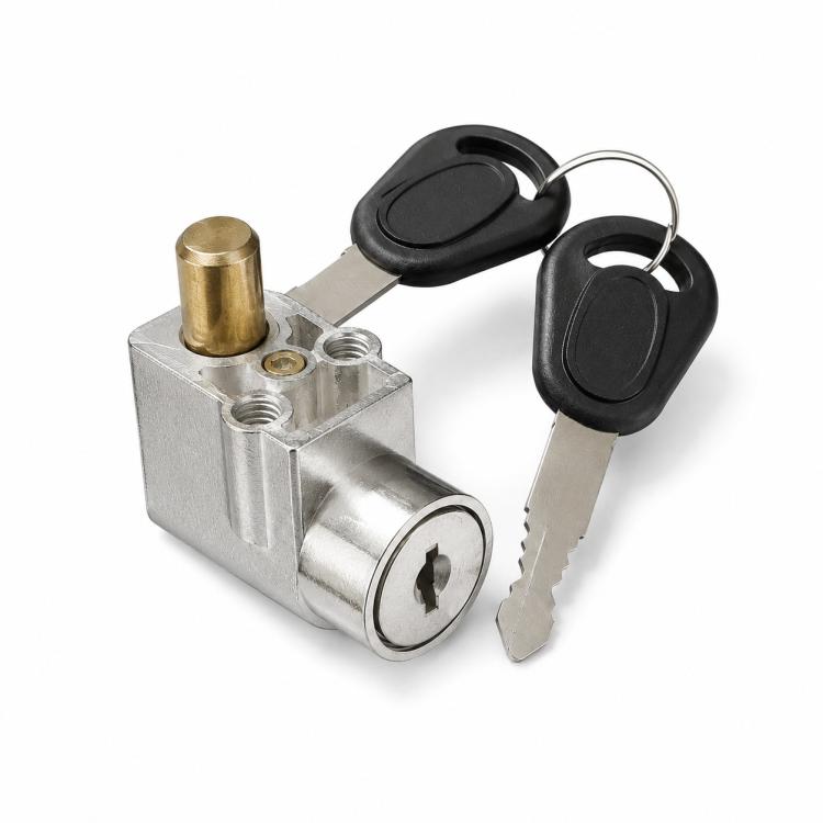 E-bike battery box anti-theft lock with brass pin, silver cylinder, and two included keys