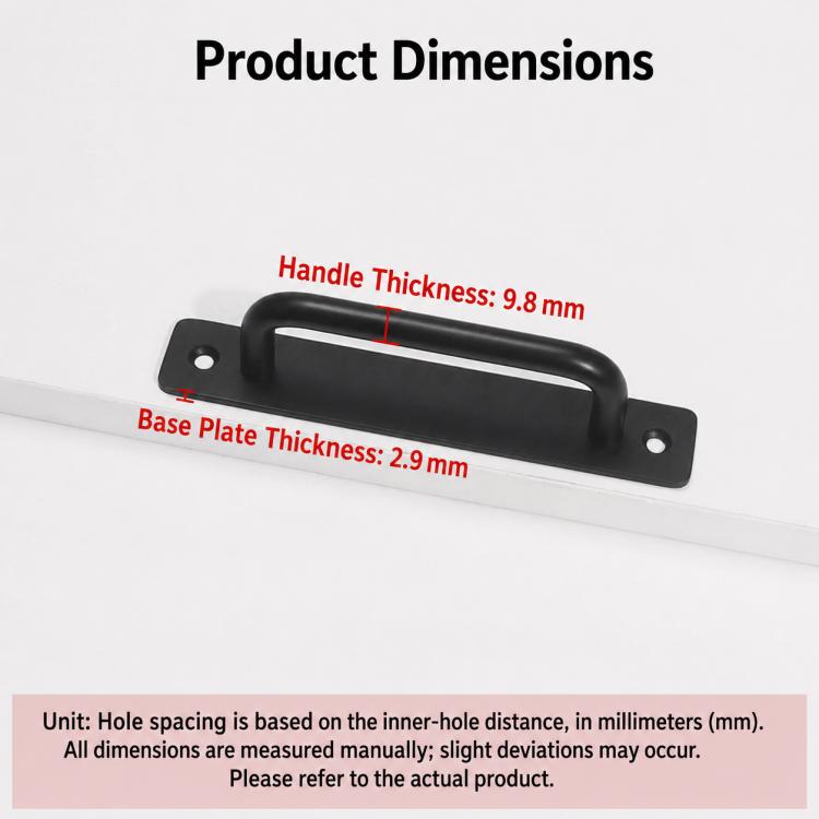 Black cabinet pull handle, 148mm, with mounting base and screw holes
