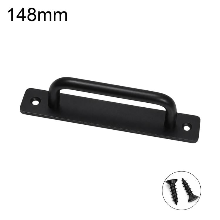 Black cabinet pull handle, 148mm, with mounting screws and base plate