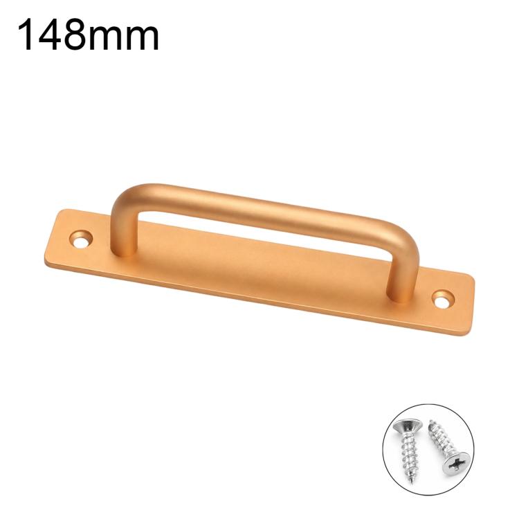 Gold cabinet pull handle, 148mm, with mounting screws and base plate